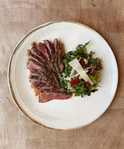 Chimichurri Rump Steak with Chargrilled Broccoli, Tomato & Rocket Salad