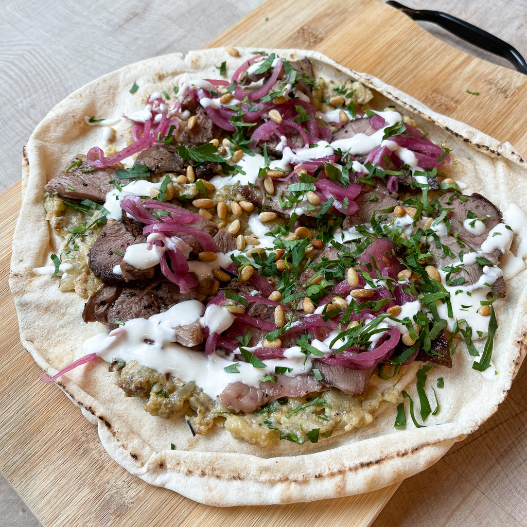 Leftover Lamb Leg Flatbread with Baba Ganoush & Tahini Yoghurt by Barry Horne