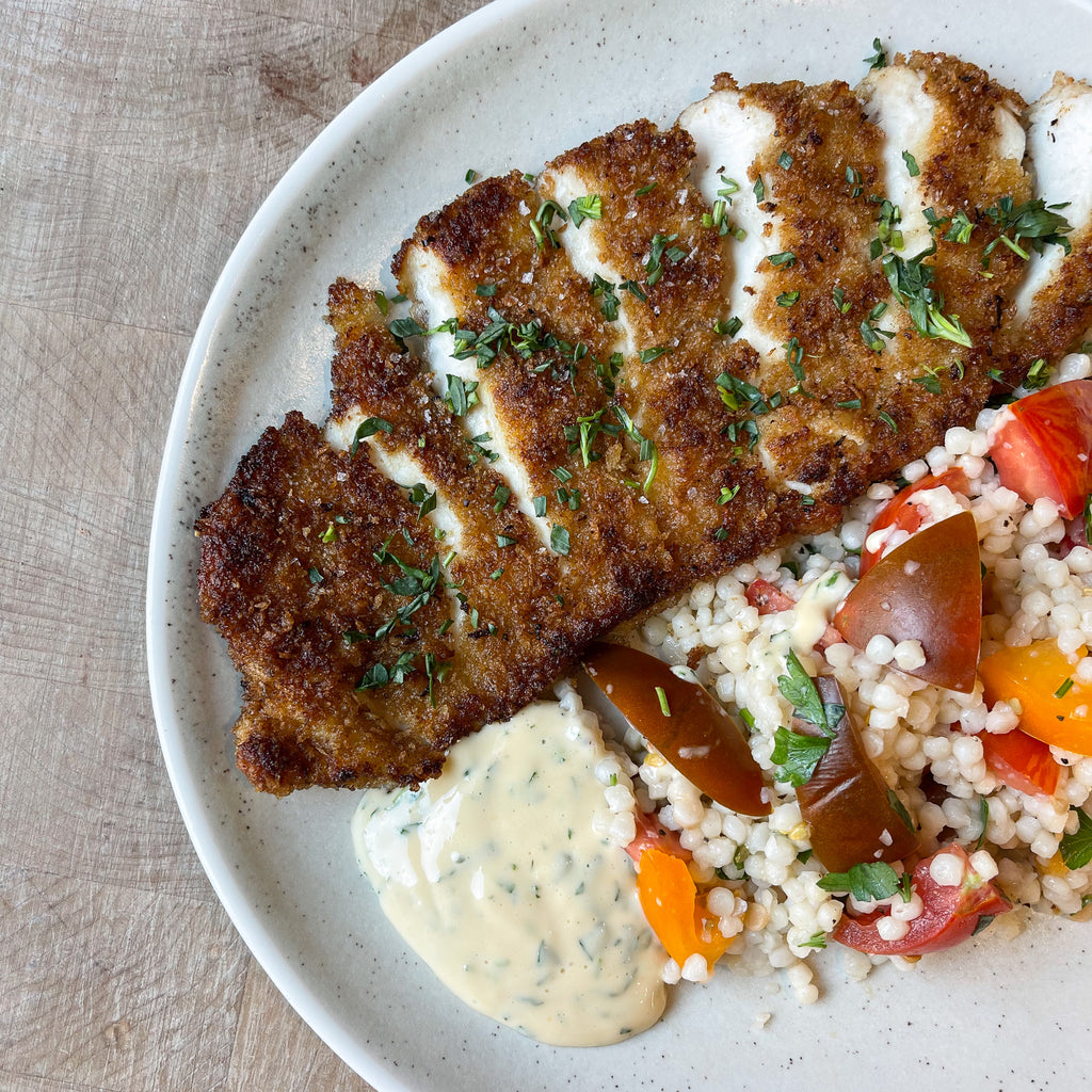 Chicken Schnitzel, Garlic Butter & Fregola Salad with Tarragon Aioli by Barry Horne