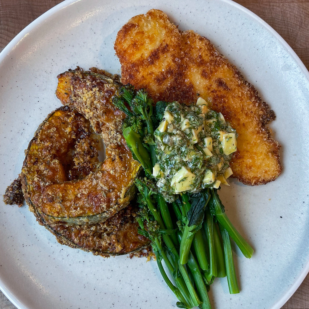 Chicken schnitzel & Parmesan baked squash with sauce Gribiche by Barry Horne