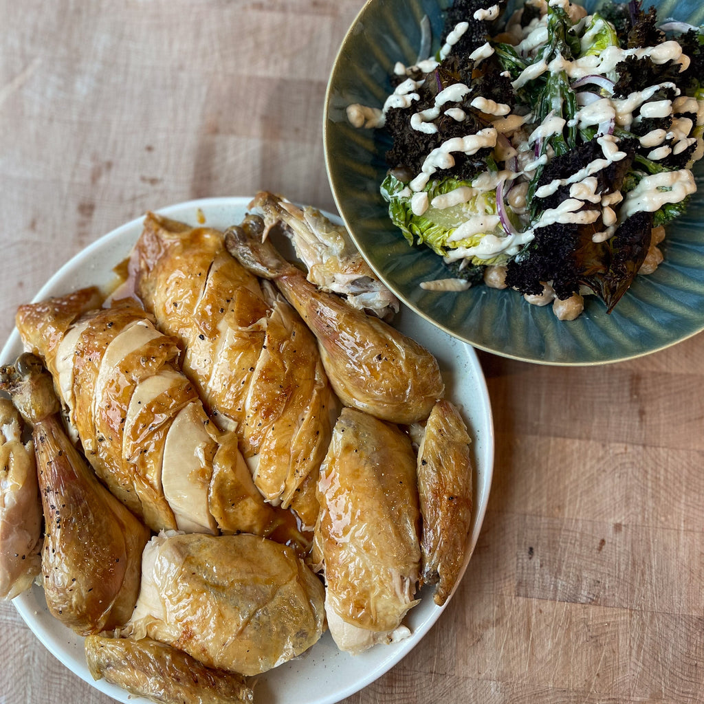 Roast chicken with broccoli, chickpea & kale César by Barry Horne
