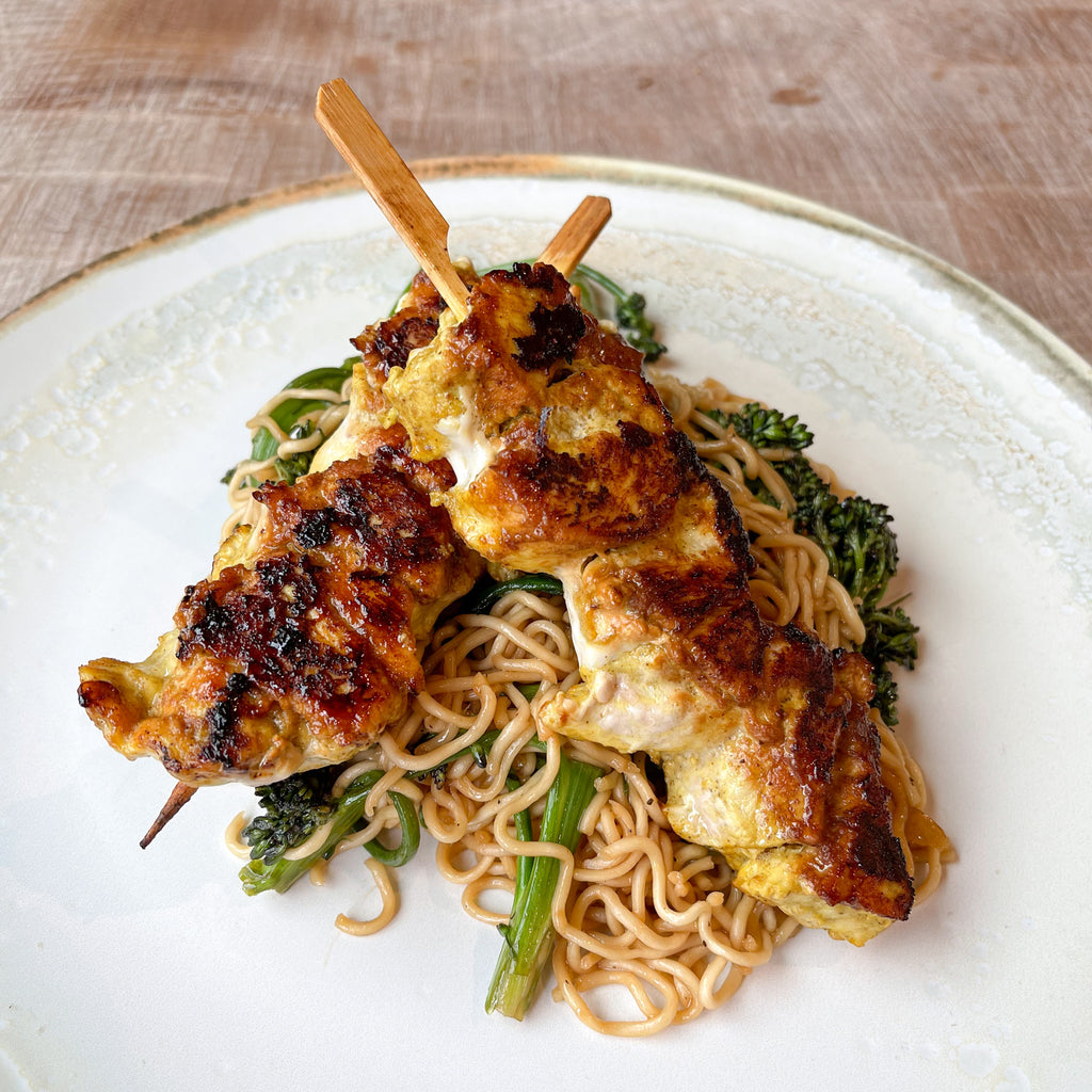 Chicken Satay skewers with stir fried noodles and Broccoli by Barry Horne