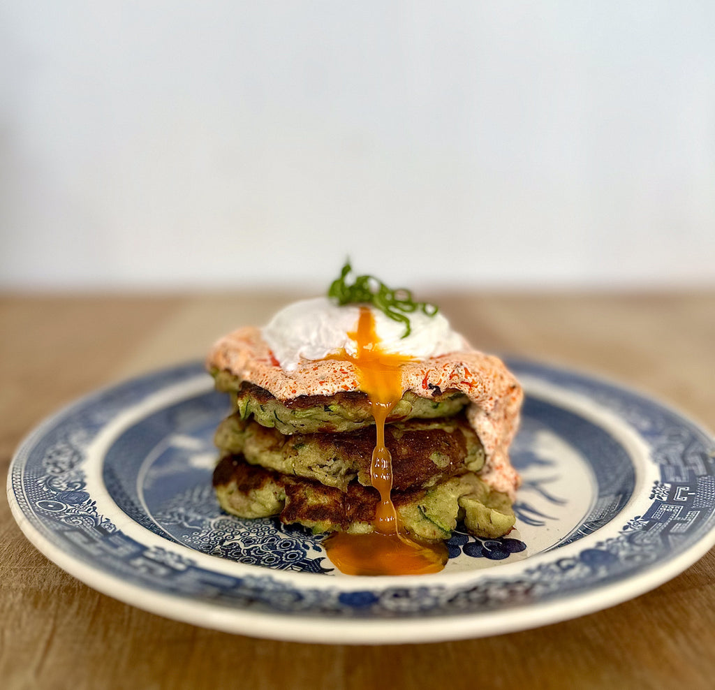 Sausage and courgette ricotta pancakes, poached eggs, harissa yogurt by Matt Burgess