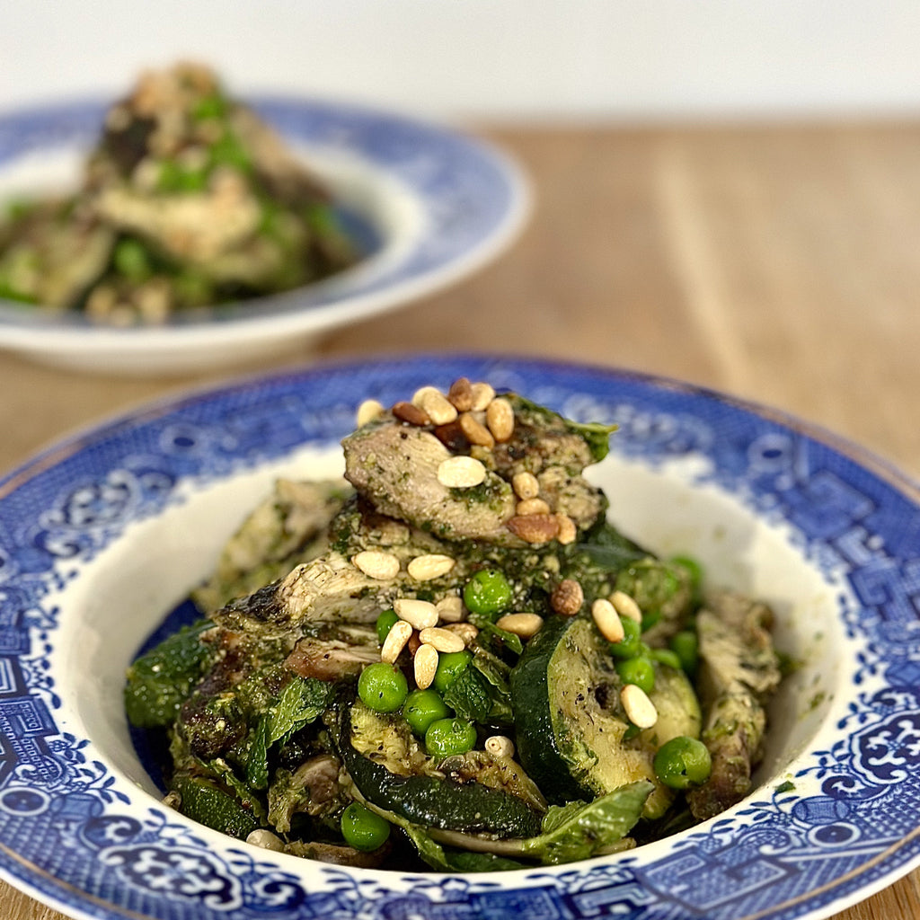 Garlic & herb boneless chicken with courgette, lemon, mint, peas & homemade pesto by Matt Burgess