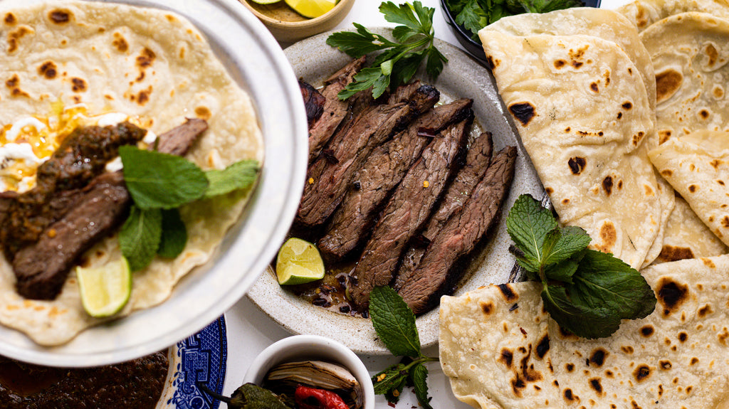 Bavette, beef fat tortilla, charred pico with cheese curds by Matt Burgess