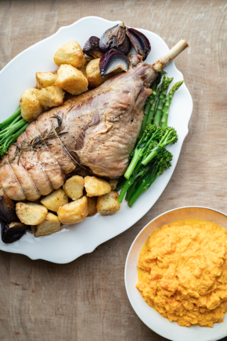 Roast Leg of Lamb with Roast Potatoes, Balsamic Onions, Carrot & Swede Mash and Broccoli