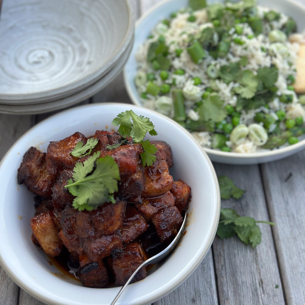 Char Sui Pork Belly with Asparagus, Lime & Coconut Salad by Matt Burgess
