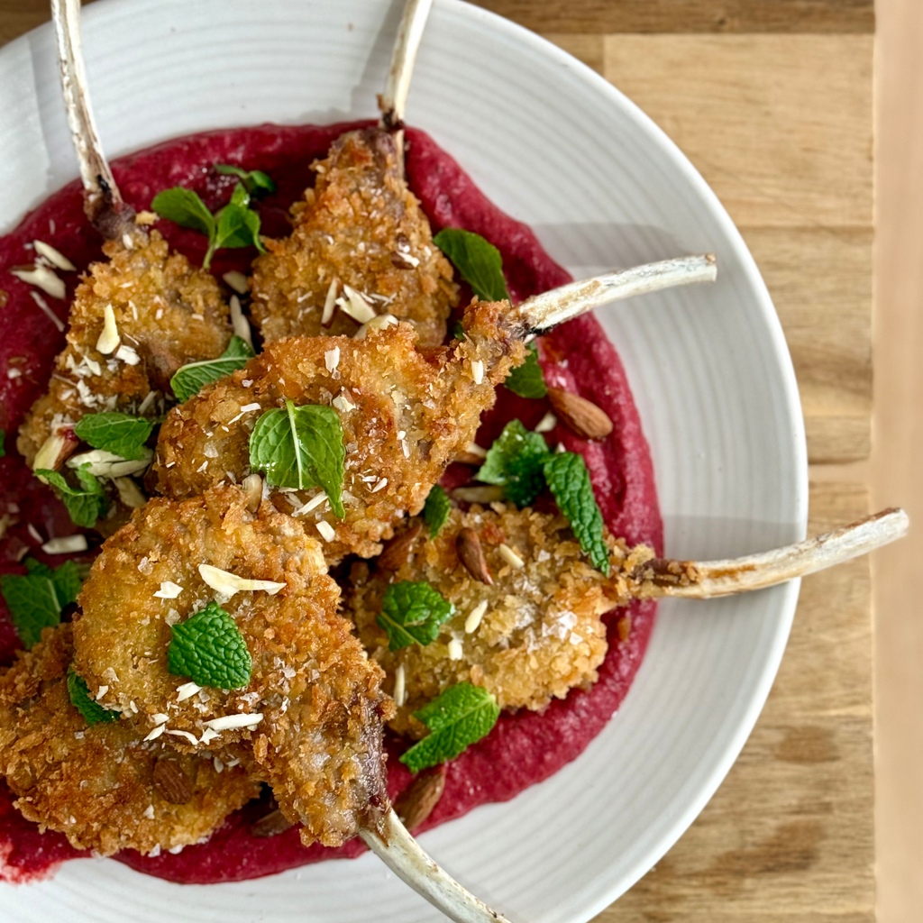 Beetroot Crumbed Lamb Cutlets with Beetroot Crème Fraiche & Crushed Almonds  by Matt Burgess