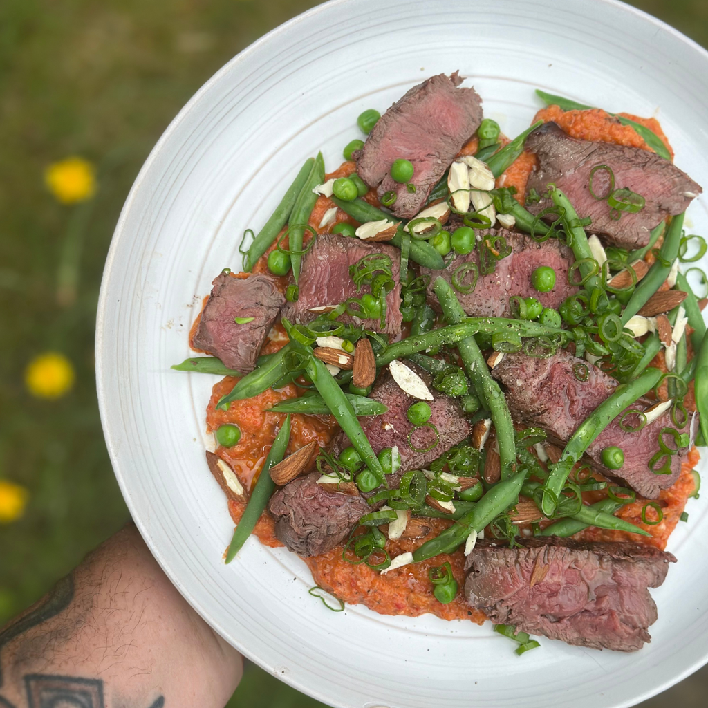 Chargrilled Fillet Steak salad with green beans, peas, horseradish & Romesco by Matt Burgess