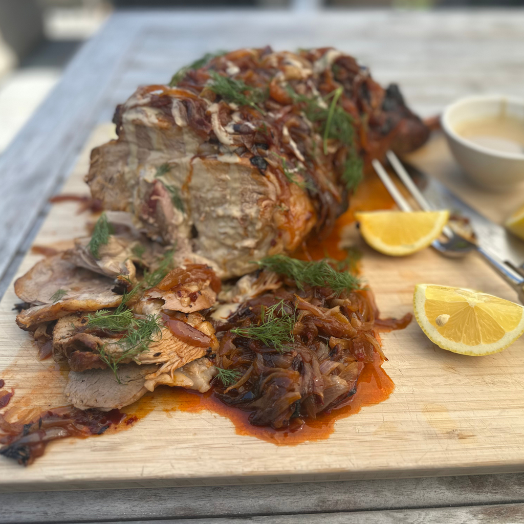 Roasted Lamb Leg with Honey, Harissa and Tahini