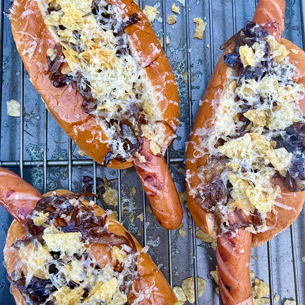 French Onion Hot Dog with Marmite Onions, Gruyere Cheese & Crushed Crisps Topping by Matt Burgess