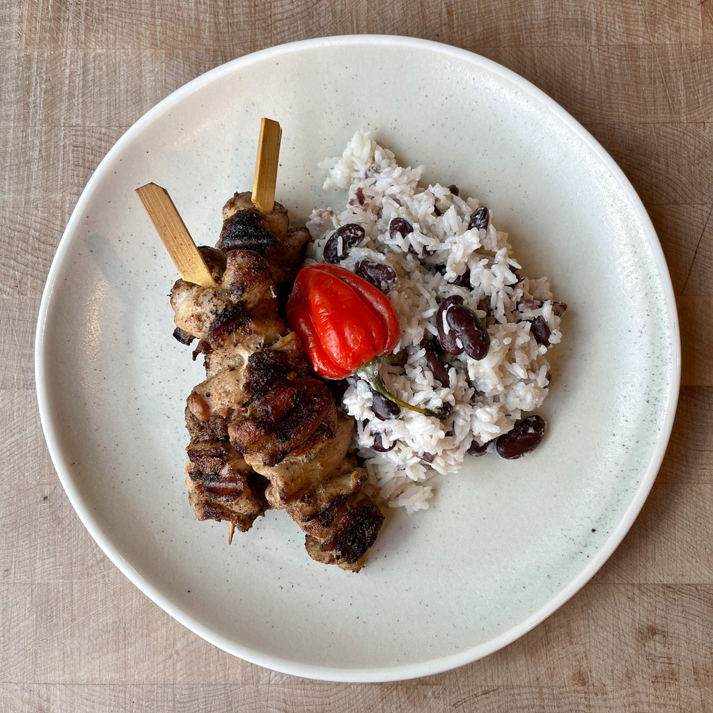 Jerk Chicken Skewers with Rice & Peas by Barry Horne
