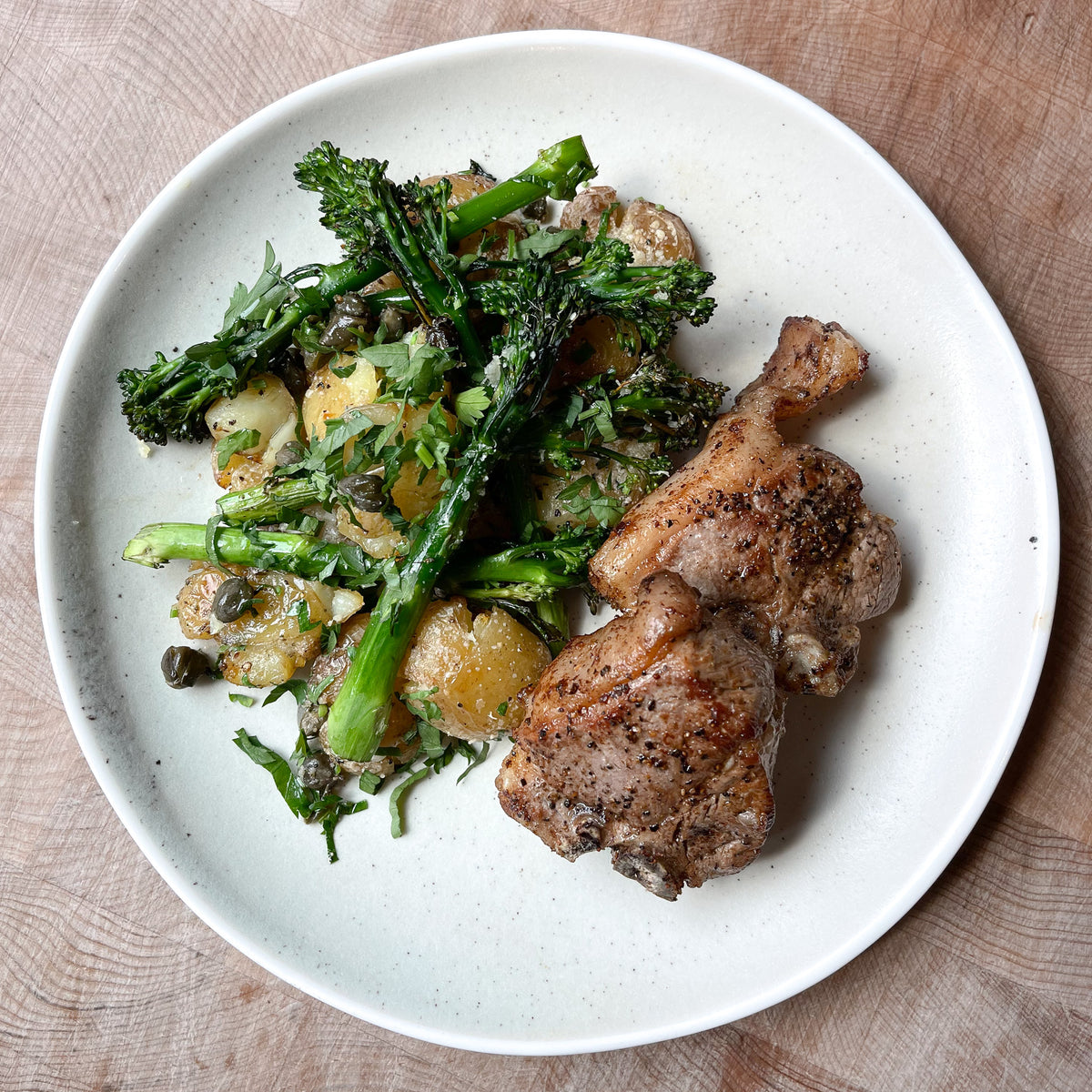 Lamb loin chops with potatoes, broccoli &amp; Provenance confit garlic but– Provenance Village Butcher Delivery