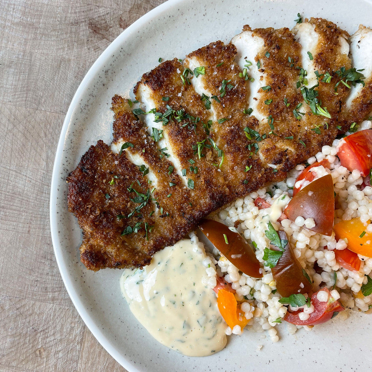 Chicken Schnitzel, Garlic Butter &amp; Fregola Salad with Tarragon Aioli b– Provenance Village Butcher Delivery