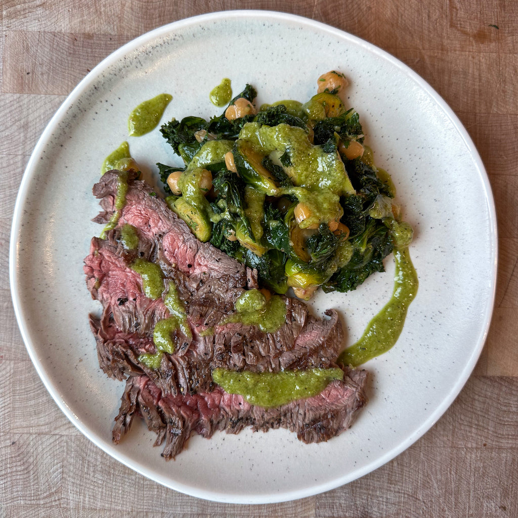 Bavette with pan roased sprouts, kale & chickpeas & a green chilli salsa by Barry Horne