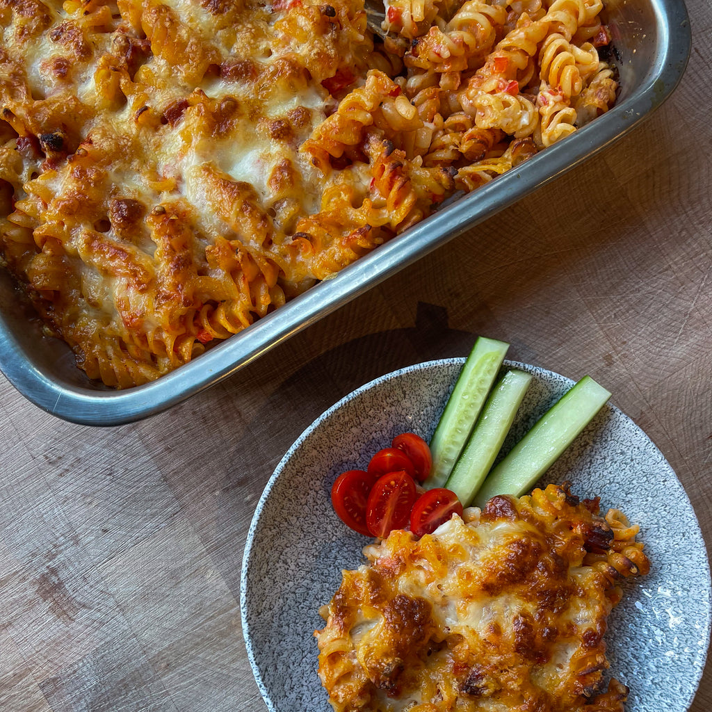 Family pasta traybake with chorizo, red pepper & mozzarella cheese by Barry Horne