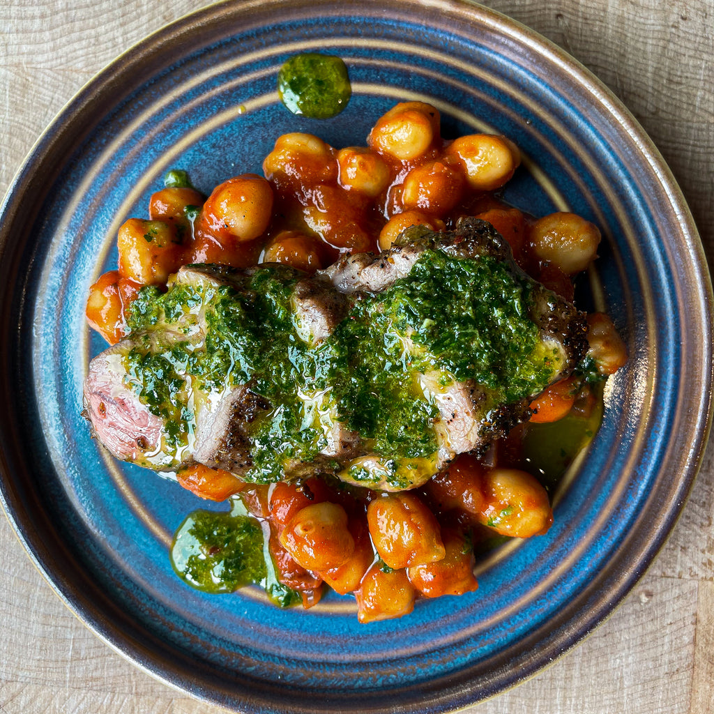 Spiced Lamb neck fillet with Chickpea and Tomato stew and Chermoula
