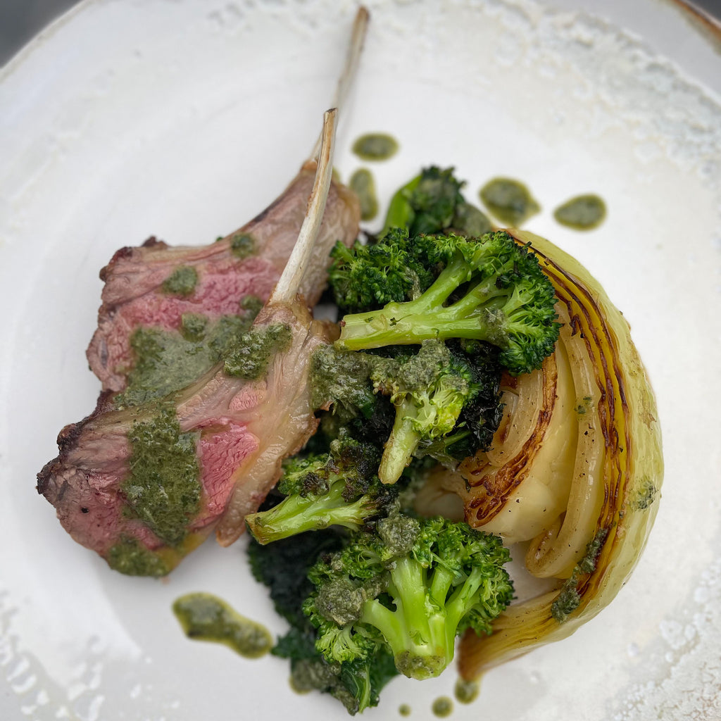 Lamb rack, braised brassicas, rosemary & anchovy dressing by Barry Horne