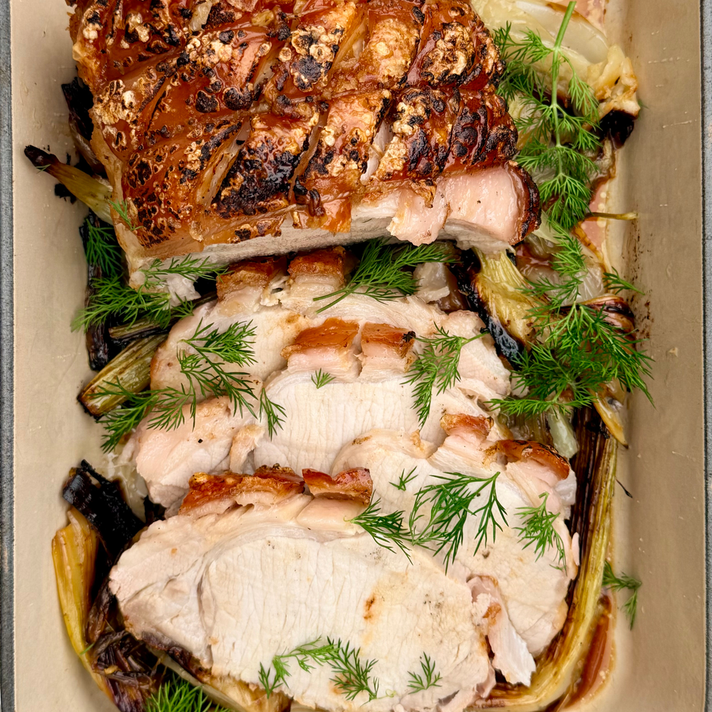 Roasted Pork Loin roast with Fennel, Apple Cider & Leeks by Matt Burgess