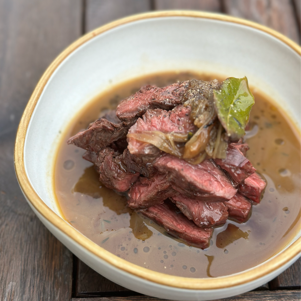 BBQ “Onglet aux échalottes” (onglet with a shallot and veal sauce) by Matt Burgess