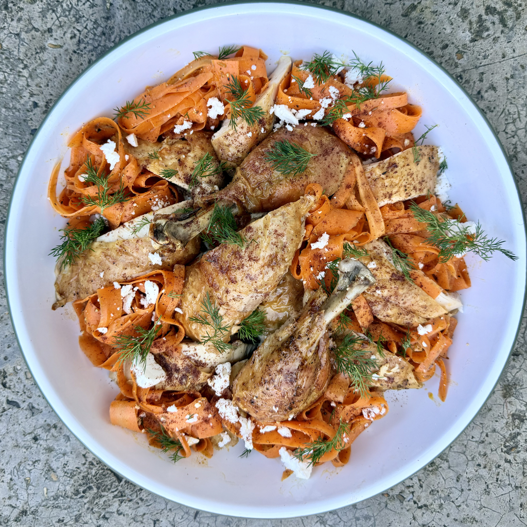 Whole Roasted Sutton Hoo Chicken with Carrot, Feta, Dill, Lemon & Cumin Slaw by Matt Burgess