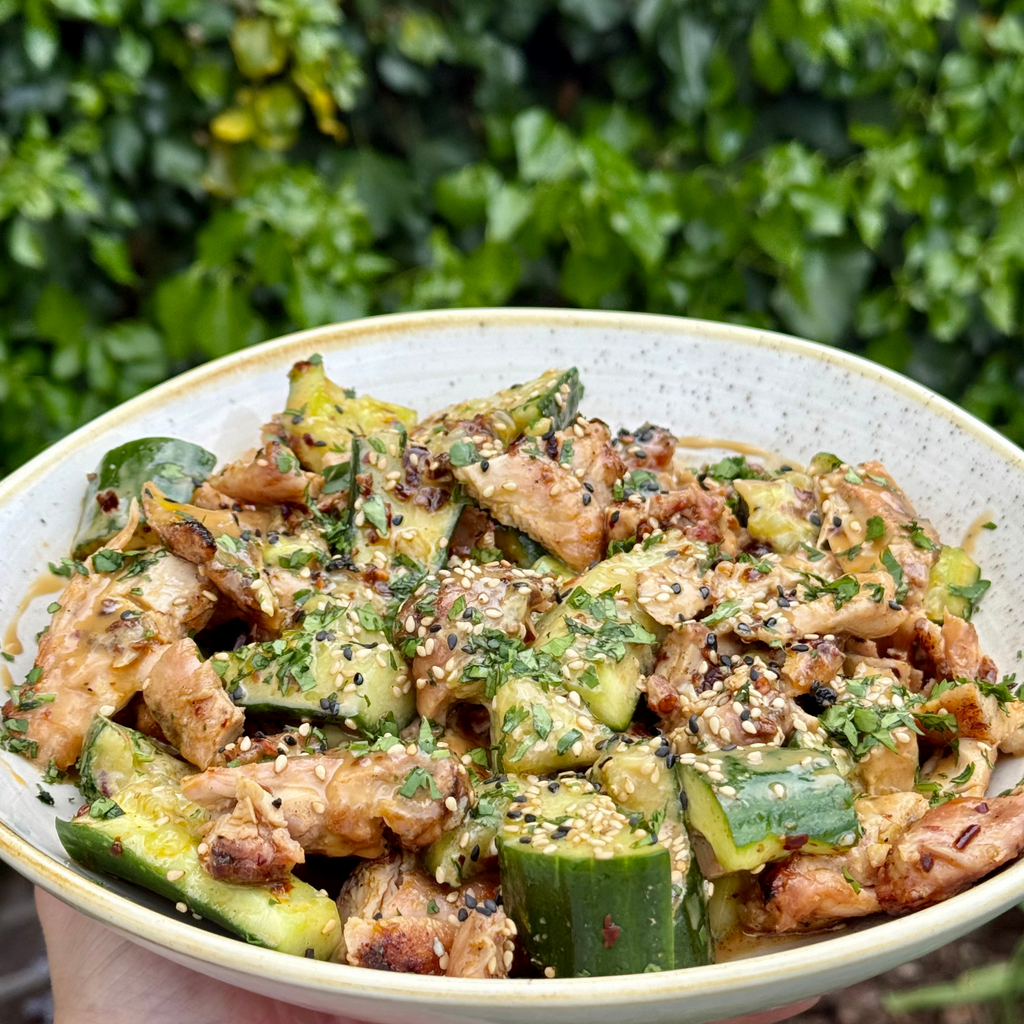 Smashed Cucumber with Free-Range Chicken thighs, Tahini, Sesame & Chilli Oil  by Matt Burgess