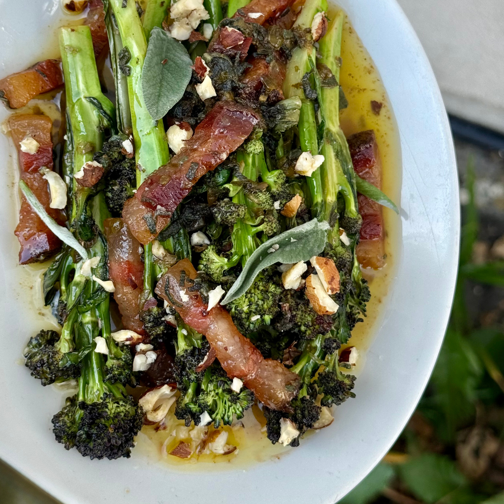 Christmas Side Dish: Purple Sprouting Broccoli, Guanciale, Brown Caper Butter & Hazlenuts by Matt Burgess