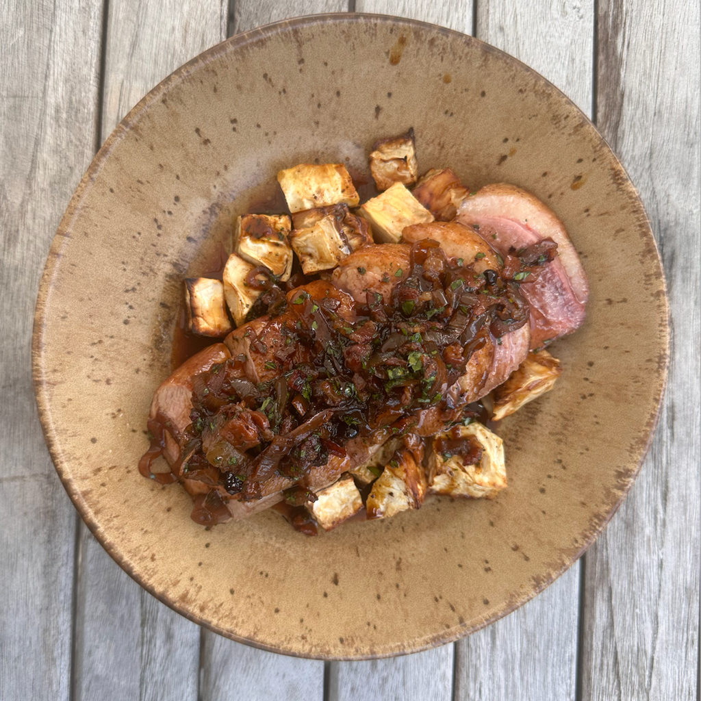 Molasses Glazed Duck Breast with celeriac, bacon, port & juniper sauce by Matt Burgess