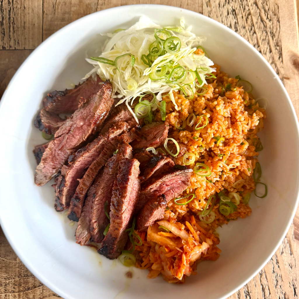 Korean marinated Bavette steak with kimchi rice & pickled cabbage by Matt Burgess