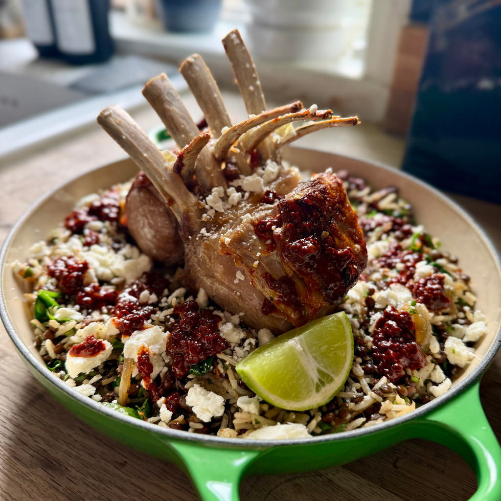 Roasted Rack of Lamb with Mudjara Rice, Spinach, Feta & Sour Cherry Harissa by Matt Burgess
