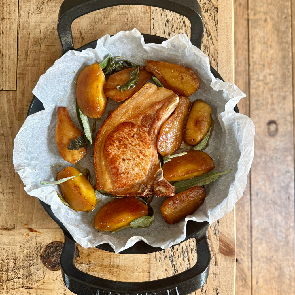 Roasted Pork Chop with Apple & Artichokes by Matt Burgess