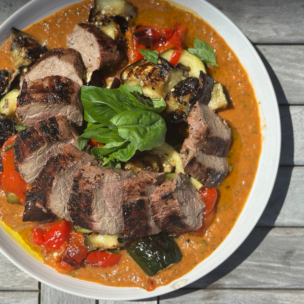 Grilled Pork Tenderloin with roasted tomato sauce and courgette & aubergine ratatouille by Matt Burgess