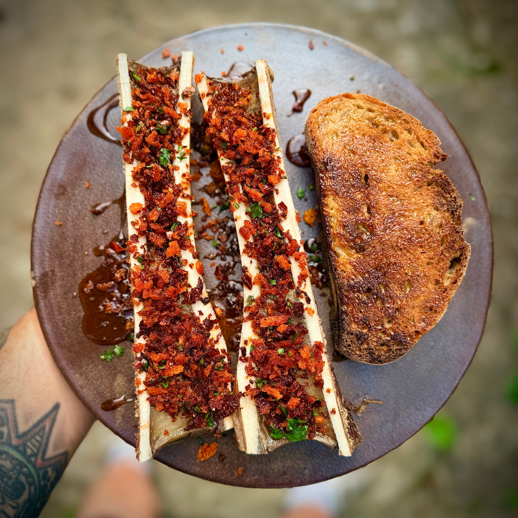 Beef Marrow Boats with 'Nduja Pangrattato, Sweet Red Wine Vinegar & Sourdough by Matt Burgess