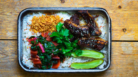 "Ribs n Rice"  Spiced baby back ribs, sticky rice, soy, greens, pickle by Matt Burgess