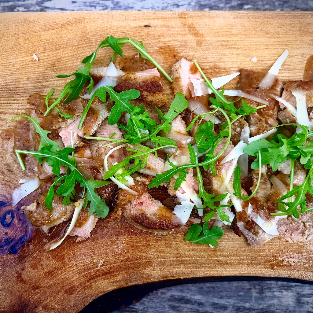 Iberico Secreto, Membrillo & Sherry Vinegar Glaze, Manchego Shavings by Matt Burgess
