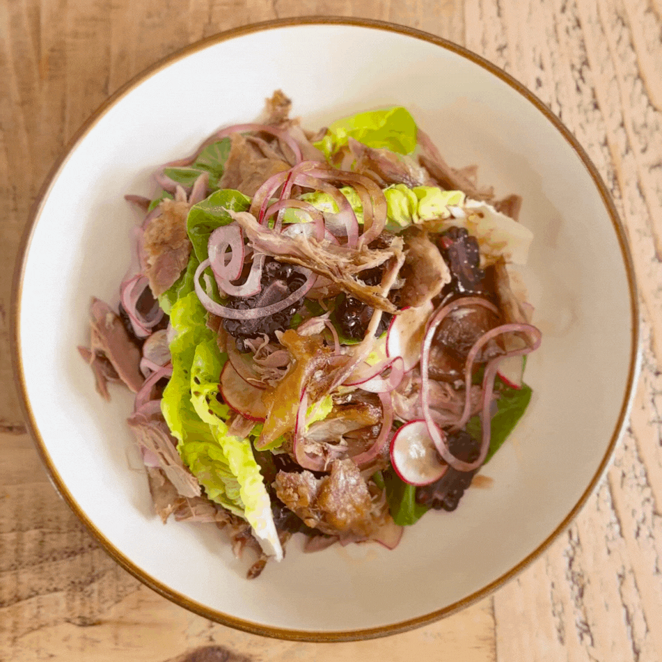 Duck Salad with Blackberries, Baby Gem Lettuce & Pickled Onions by Matt Burgess